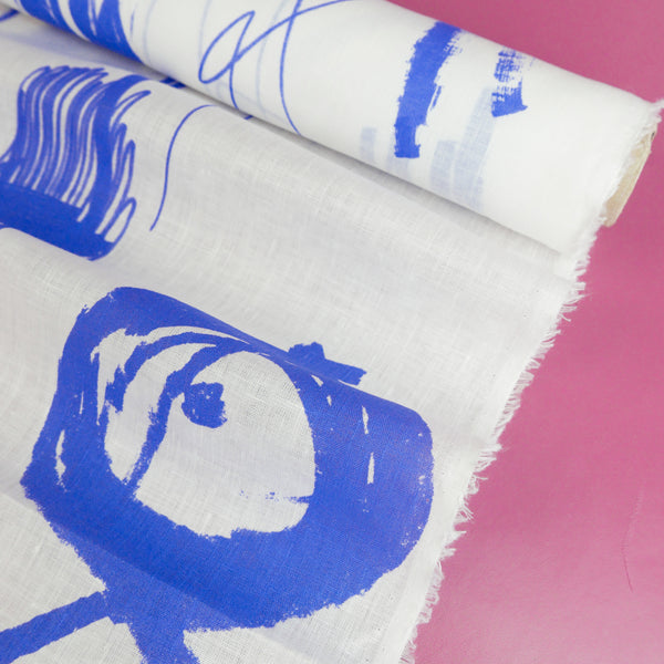 Edwin - Screen-Printed Linen | Blue Fish Scribble