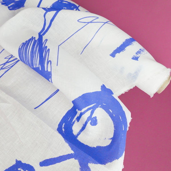 Edwin - Screen-Printed Linen | Blue Fish Scribble
