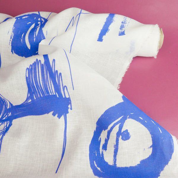 Edwin - Screen-Printed Linen | Blue Fish Scribble