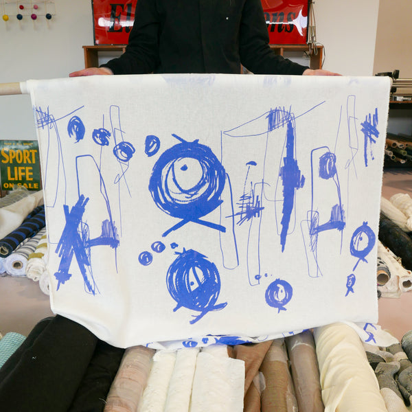Edwin - Screen-Printed Linen | Blue Fish Scribble